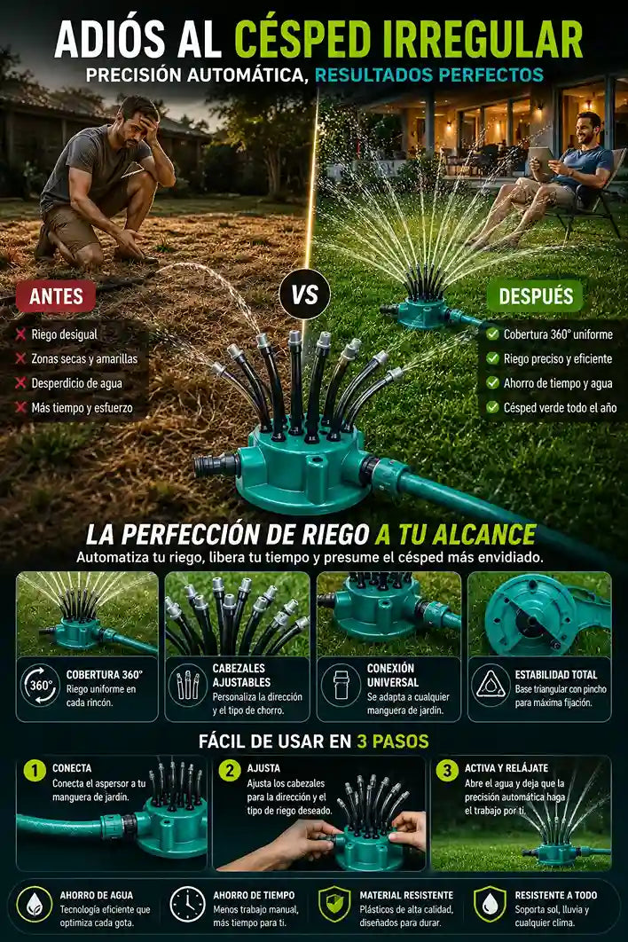 Rociador automático de césped, de 360 grados con cabezal múltiple ajustable
