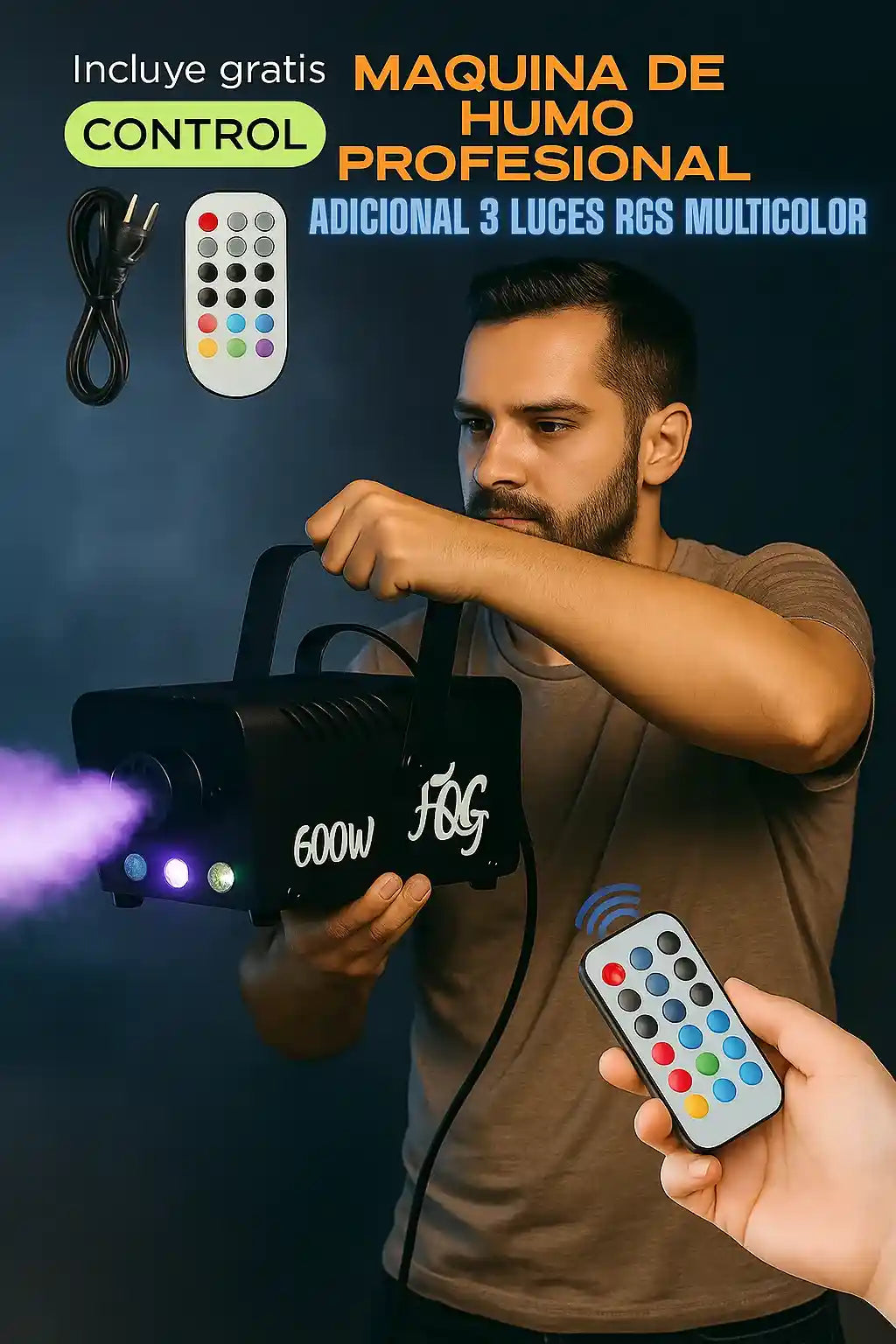 MAQUINA DE HUMO DE 600W POTENCIA CON  SHOW DE LUCES PRO